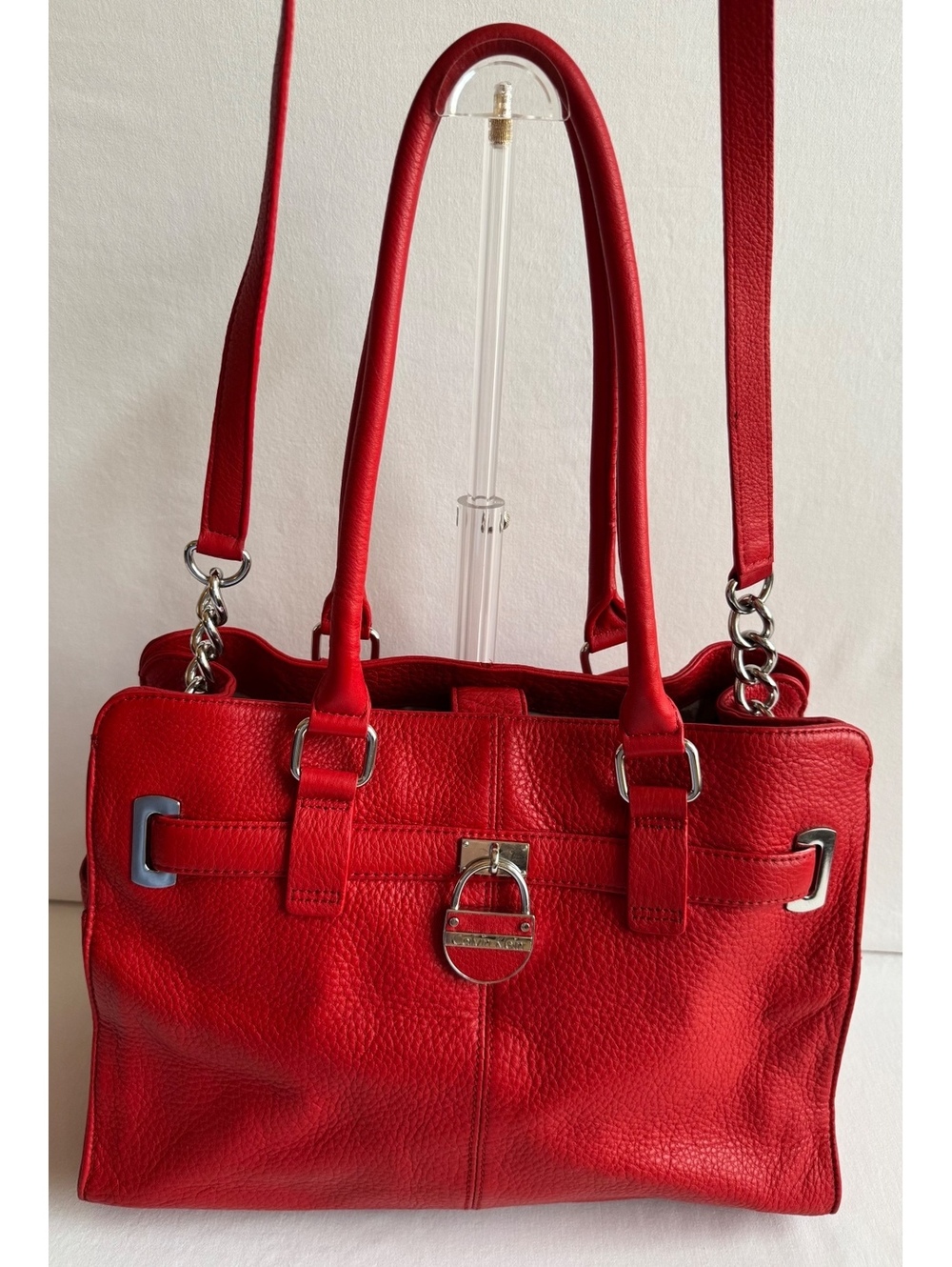 Calvin Klein Red Pebbled Tote Bag Shoulder Bag Silver-Tone Hardware
